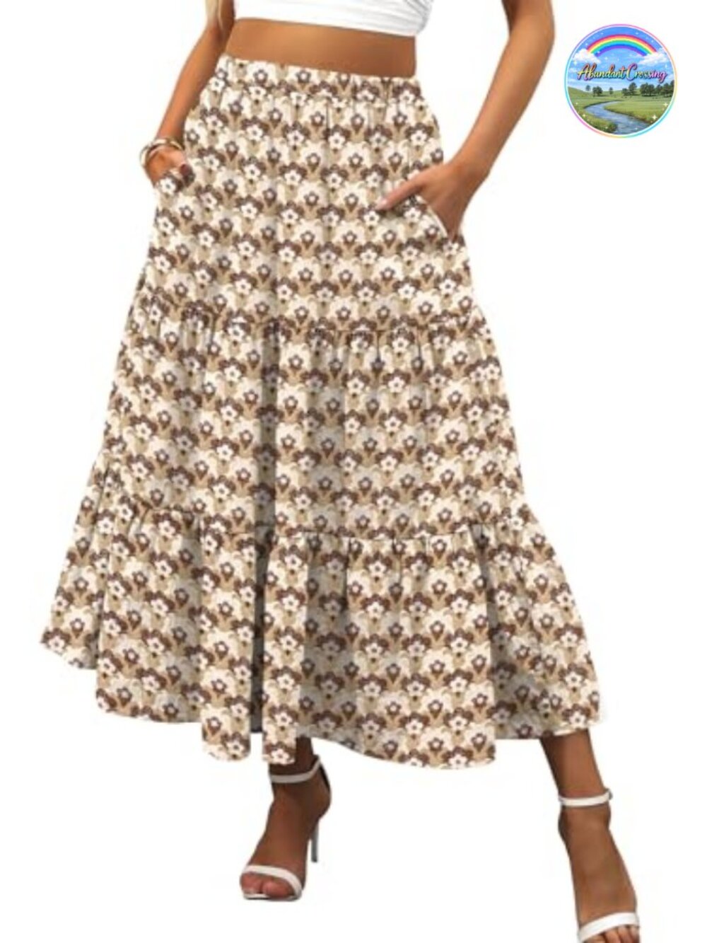 Women's Flowy Tiered Ruffle Hem Maxi Skirt with Pockets Rayon